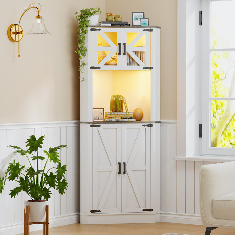 Gracie Oaks Farmhouse Corner Cabinet With Led Light And Spacious Storage For Living Room Or ...